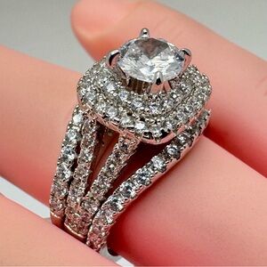Sterling Silver CZ Halo 3 Band Ring Set Engagement Style Size 5.5